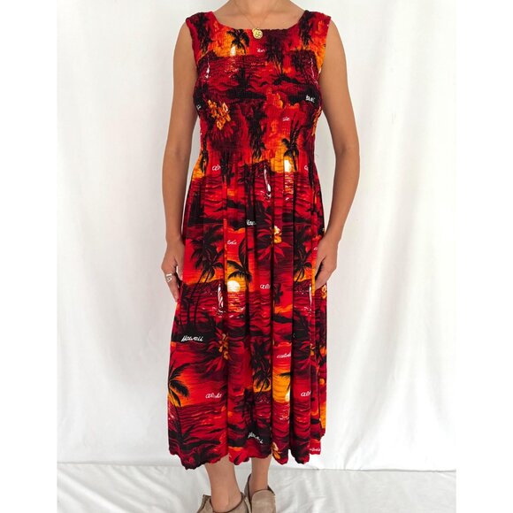 90s vintage red Hawaiian print beach vacation stretchy rayon cover up maxi dress - Picture 2 of 10